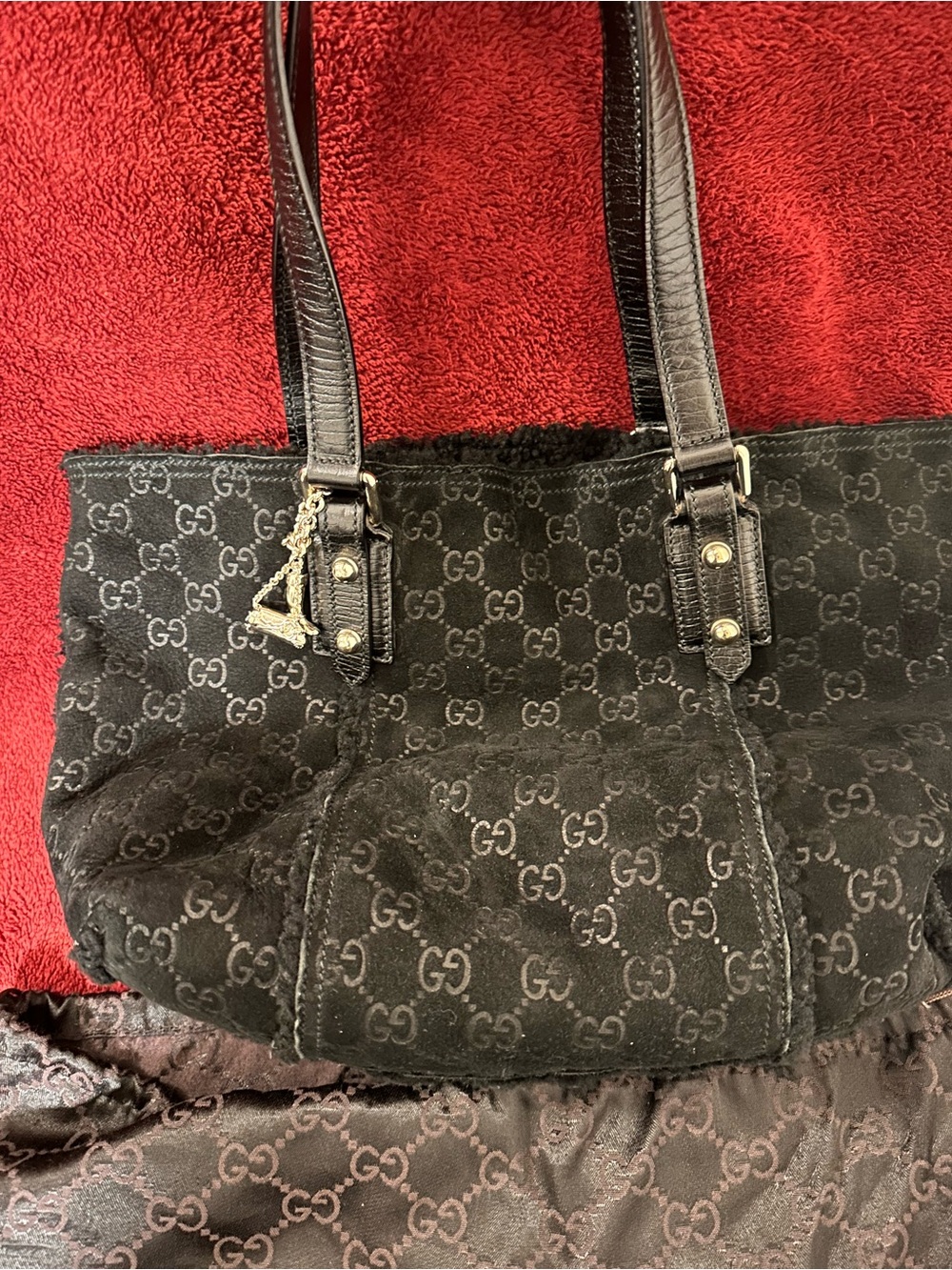 Gucci Black GG Suede Tote with Leather Handles and Charm - Picture 9 of 9